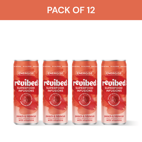 Pack of 12 Revibed Hibiscus & Peach Superfood Infusion cans with tart hibiscus and sun-ripened peaches flavor.