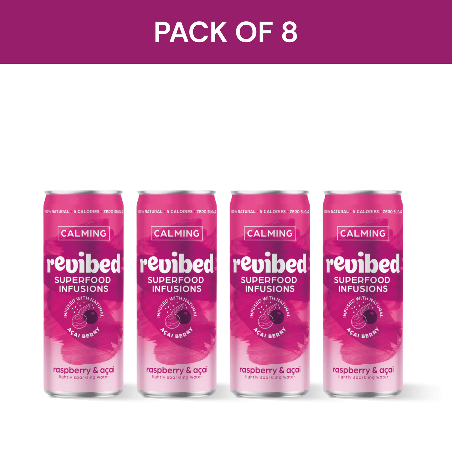 Pack of 8 Revibed Raspberry & Acai Superfood Infusion cans, sparkling and calming drink with raspberry and açaí flavors.