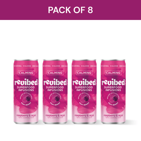 Pack of 8 Revibed Raspberry & Acai Superfood Infusion cans, sparkling and calming drink with raspberry and açaí flavors.