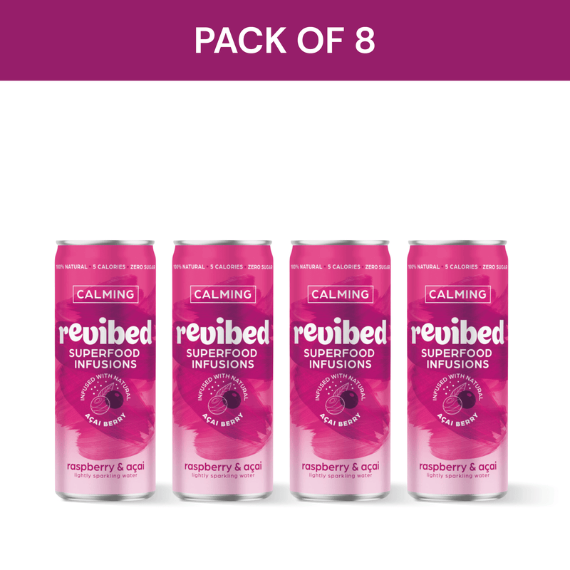 Pack of 8 Revibed Raspberry & Acai Superfood Infusion cans, sparkling and calming drink with raspberry and açaí flavors.