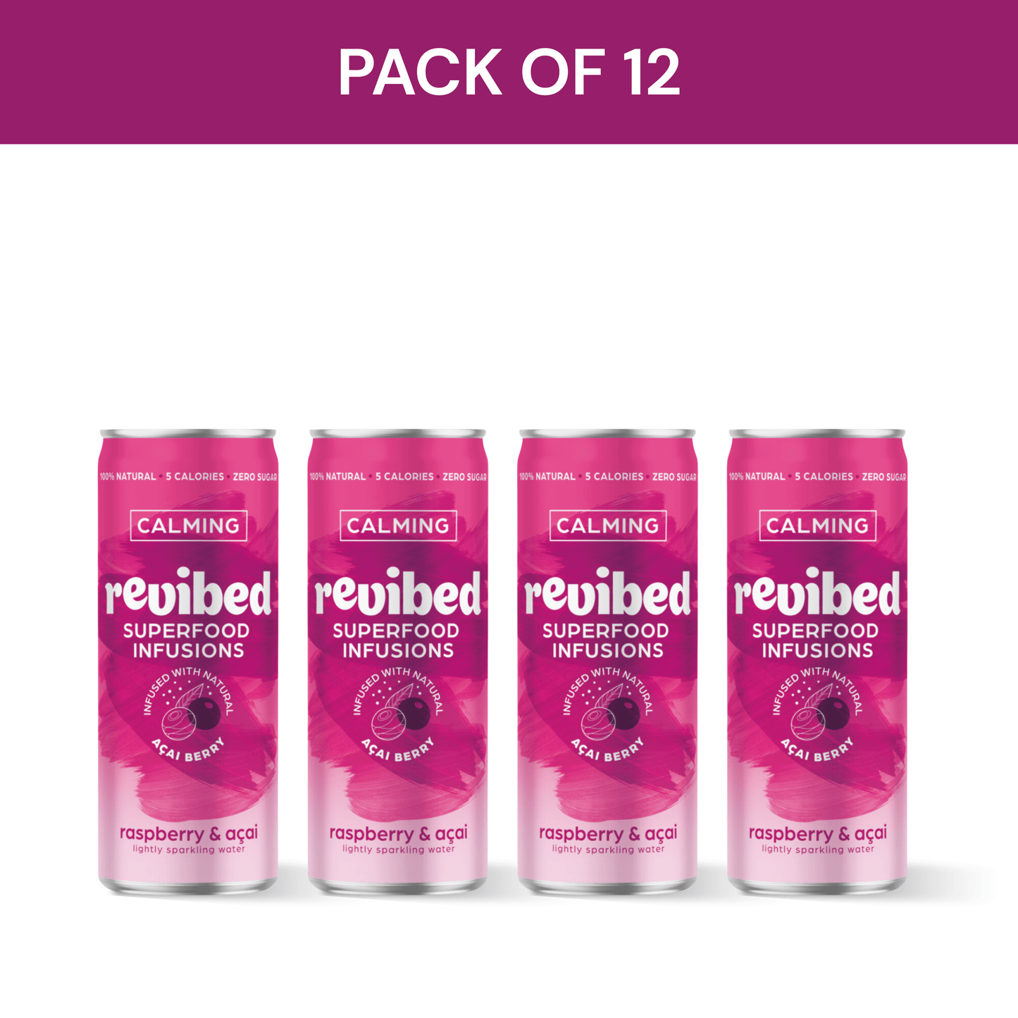 Pack of 12 Revibed Raspberry & Acai Superfood Infusion cans with calming properties and vibrant packaging.