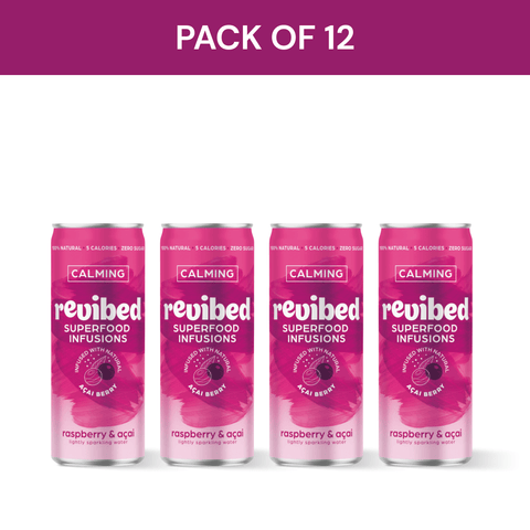 Pack of 12 Revibed Raspberry & Acai Superfood Infusion cans with calming properties and vibrant packaging.
