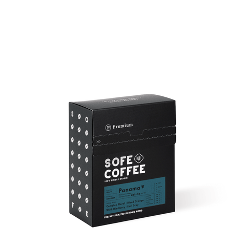 Sofe Premium Drip Bag Coffee Panama Geisha 5-pack box with elegant black design, featuring specialty coffee details.