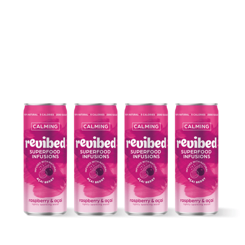 Revibed Raspberry & Acai Superfood Infusion cans, calming fizzy drink with natural raspberry and acai flavors for refreshing taste.