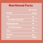 Nutritional facts for Hibiscus & Peach Superfood Infusion: 4kcal, 0g fat, carbs, sugar, fiber, and protein, 0.05g salt per 100ml.