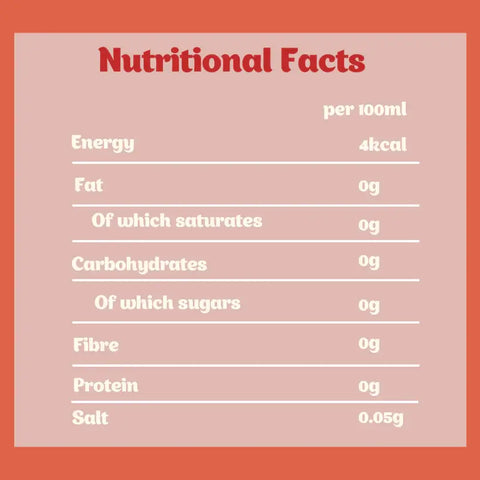 Nutritional facts for Hibiscus & Peach Superfood Infusion: 4kcal, 0g fat, carbs, sugar, fiber, and protein, 0.05g salt per 100ml.