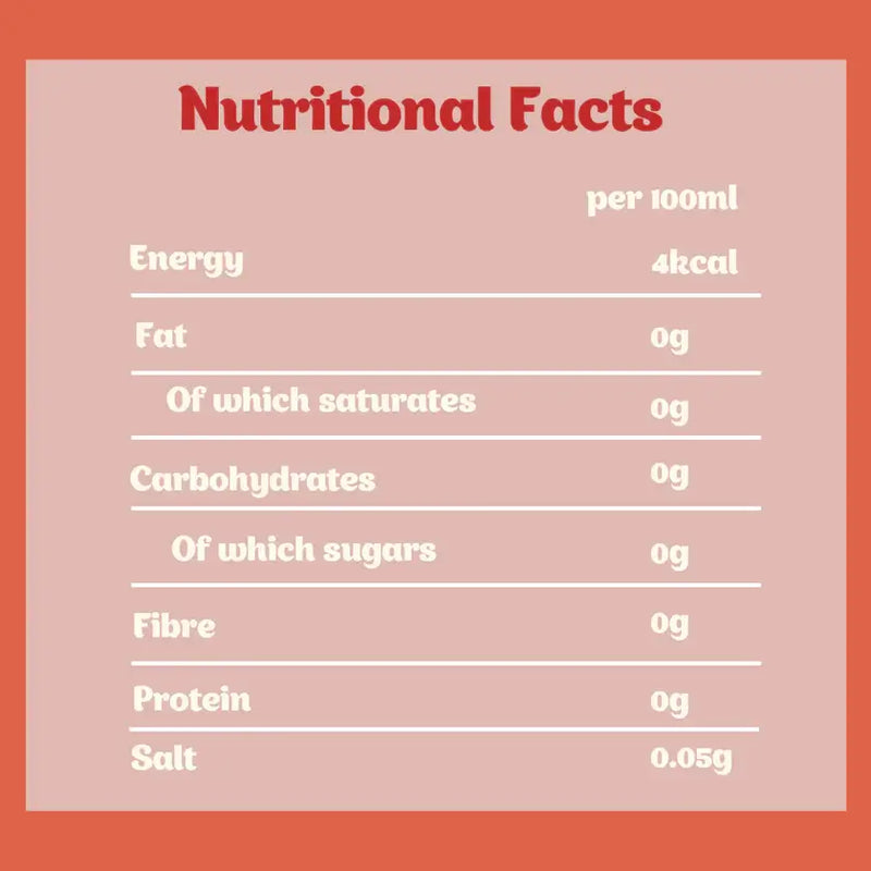 Nutritional facts for Hibiscus & Peach Superfood Infusion: 4kcal, 0g fat, carbs, sugar, fiber, and protein, 0.05g salt per 100ml.
