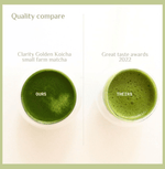 Clarity Koicha matcha green tea powder in a double-walled glass bowl beside a ceremonial matcha tin, smooth and vibrant in color.