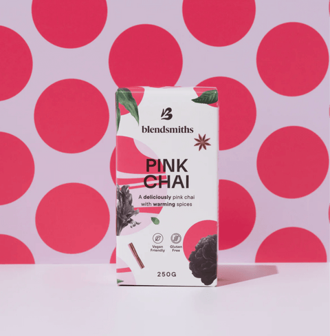 BlendSmiths Pink Chai packaging with decorative red circles, featuring warming spices and beetroot notes for a sweet and spiced flavor.