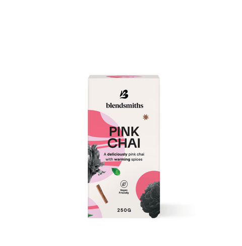 Blendsmiths Pink Chai packaging with warming spices and beetroot, 250g, vegan-friendly.