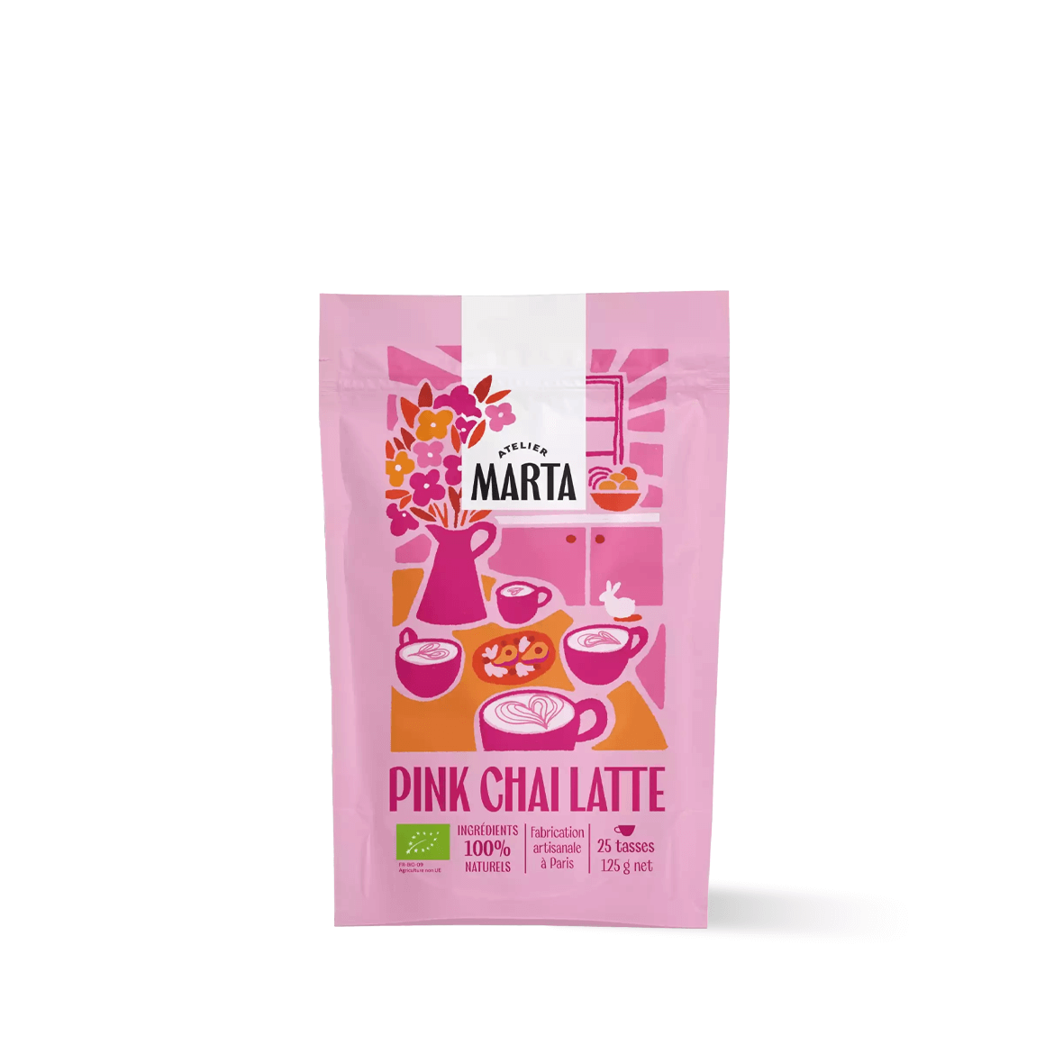Organic Pink Latte packaging featuring Pink Chai Latte from Atelier Marta, highlighting organic ingredients and vibrant design.