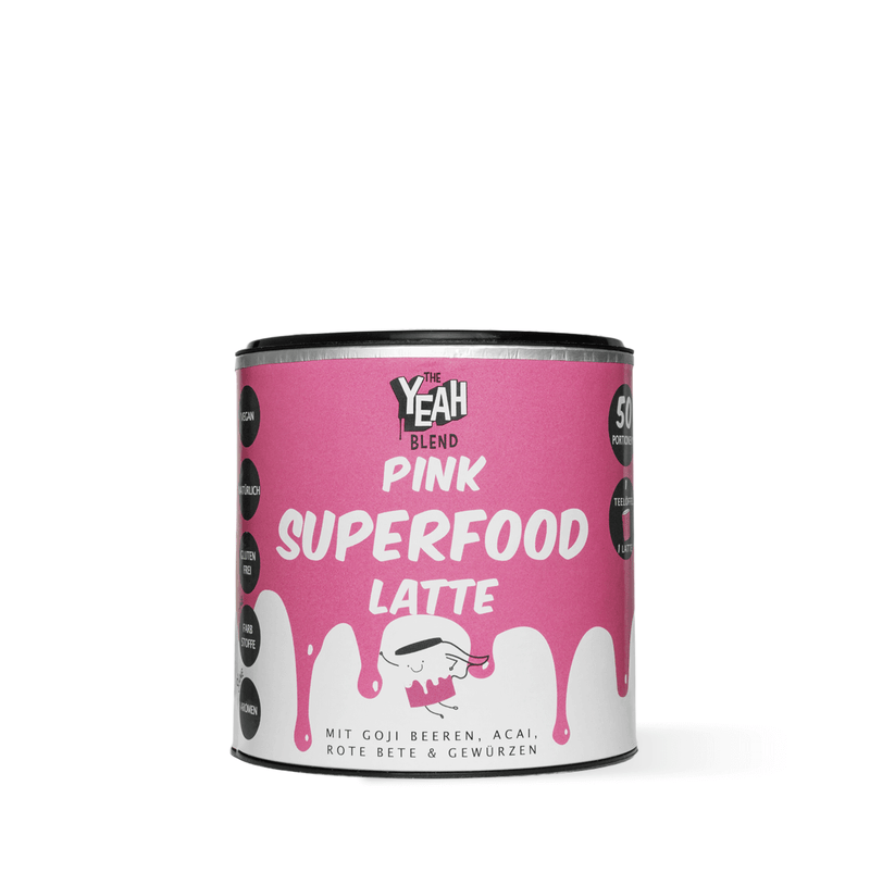 Pink Superfood Latte with acai and goji berries—fruity, tart, nutrient-rich, and a vibrant immune-boosting drink to lift your mood throughout the day.