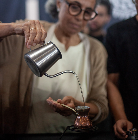 Ben Rahim Cezwe Coffee Pot, hand-formed in Tunisia from tin-lined copper, designed for smooth, rich Turkish coffee extraction with ergonomic handle for easy pouring.