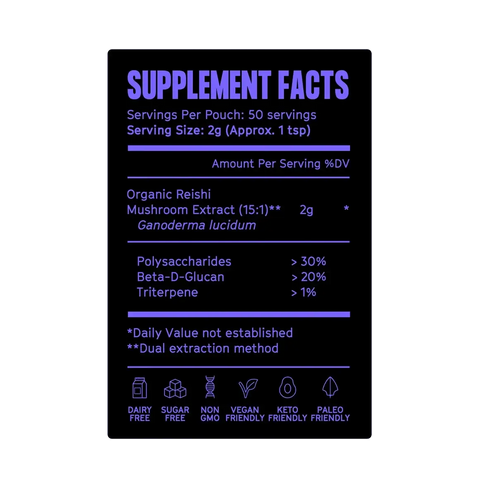 Reishi Mushroom Powder supplement facts label showing organic reishi extract, serving size, and key benefits