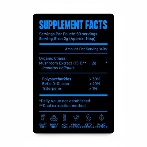Chaga Mushroom Powder supplement facts label showing organic chaga mushroom extract and serving information