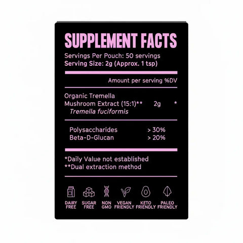 Tremella Mushroom Powder supplement facts label with organic tremella mushroom extract, beta-D-glucan, and vegan keto friendly icons
