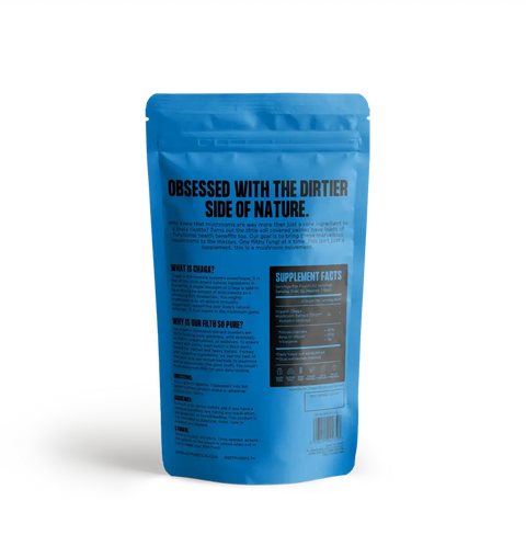 Chaga Mushroom Powder blue pouch packaging with supplement facts and immune support branding