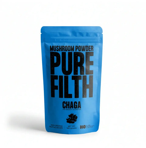 Chaga Mushroom Powder blue pouch of Pure Filth mushroom powder immune support supplement