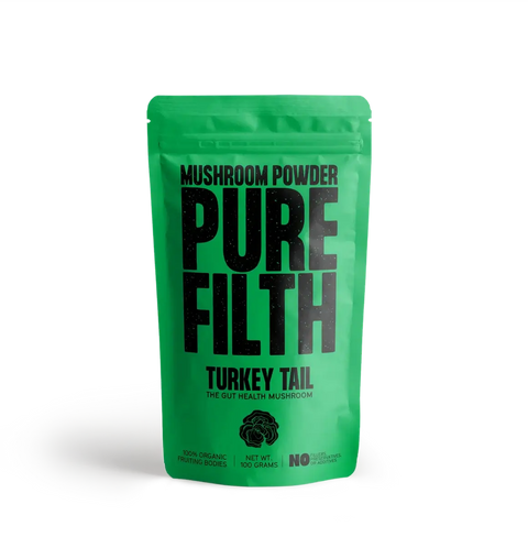 Turkey Tail Mushroom Powder package for gut health, pure filth mushroom powder with organic fruiting bodies