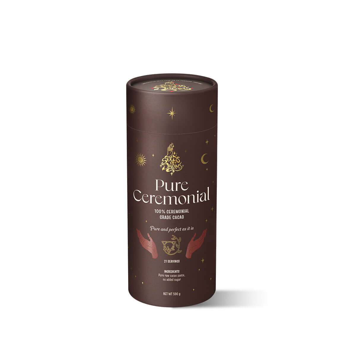 Pure Ceremonial cacao packaging with a rich brown design, featuring celestial gold details and spiritual hand illustrations.