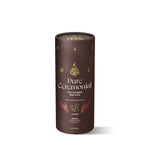 Pure Ceremonial cacao packaging with a rich brown design, featuring celestial gold details and spiritual hand illustrations.
