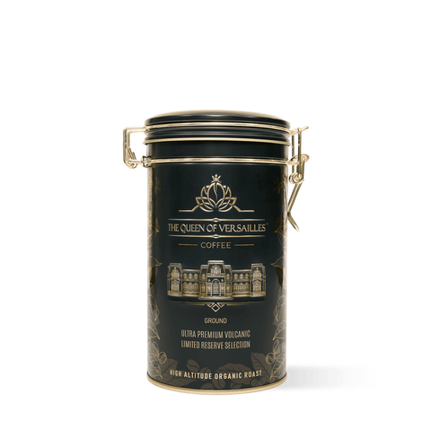 Ultra Premium Volcanic Limited Reserve Espresso can from Queen of Versailles Coffee, featuring organic 100% Arabica grounds.