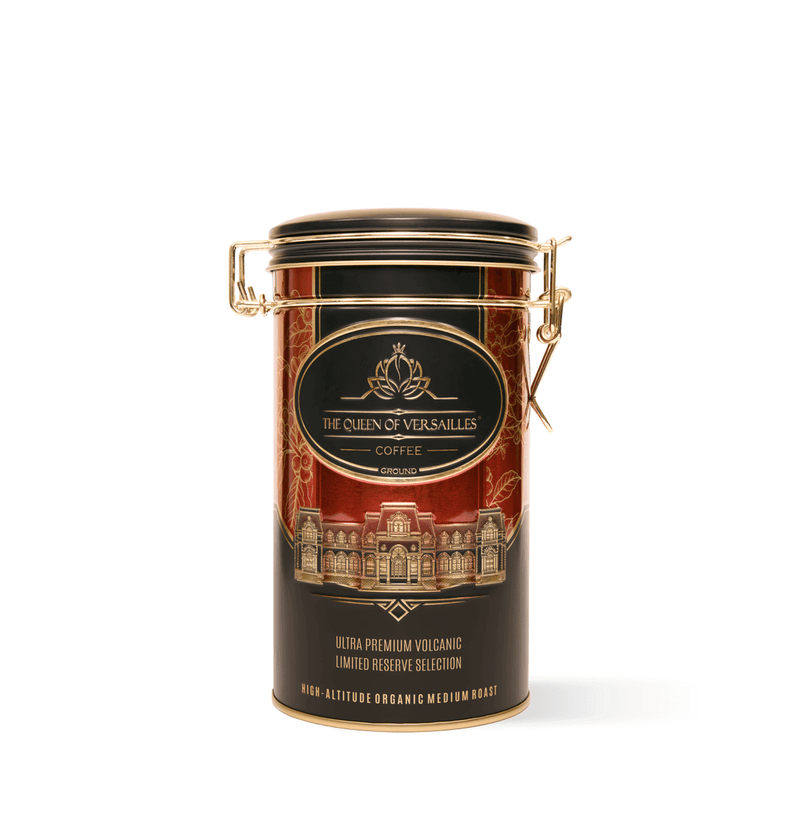 Ultra Premium Volcanic Limited Reserve Medium Roast Ground Coffee can, featuring 100% Arabica, smooth and organic blend.