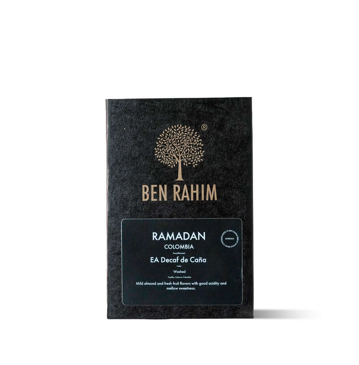 Ben Rahim Ramadan decaf coffee bag with elegant black packaging, showcasing a smooth and flavorful after-dinner blend.
