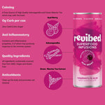 Revibed Raspberry & Acai Superfood Infusion can with health benefits and ingredients including açaí, ashwagandha, and matcha tea.