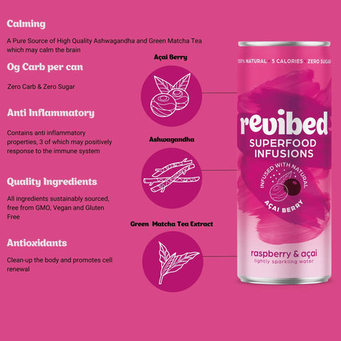 Revibed Raspberry & Acai Superfood Infusion can with health benefits and ingredients including açaí, ashwagandha, and matcha tea.