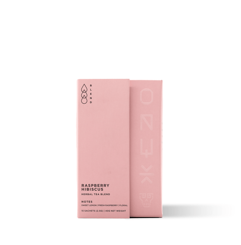 Tart pink herbal tea blend with hibiscus, rose hip, and raspberry leaf, offering a vibrant pink hue, floral aromas, and citrusy finish.