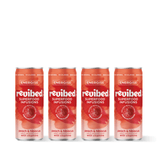 Revibed Hibiscus & Peach Superfood Infusion cans, four-pack, featuring a vibrant design highlighting peaches and hibiscus flowers with vitamins.