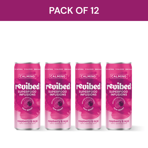 Pack of 12 Revibed Raspberry & Acai Superfood Infusion cans with calming properties and vibrant packaging.