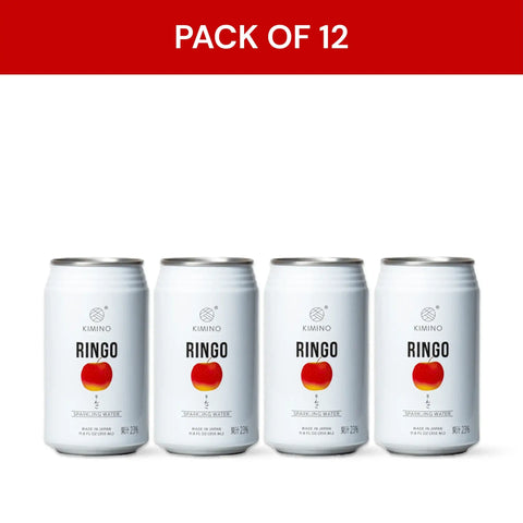 Pack of 12 Ringo Sparkling Water cans with Fuji apple flavor from Kimino, Aomori, Japan, on a white background.