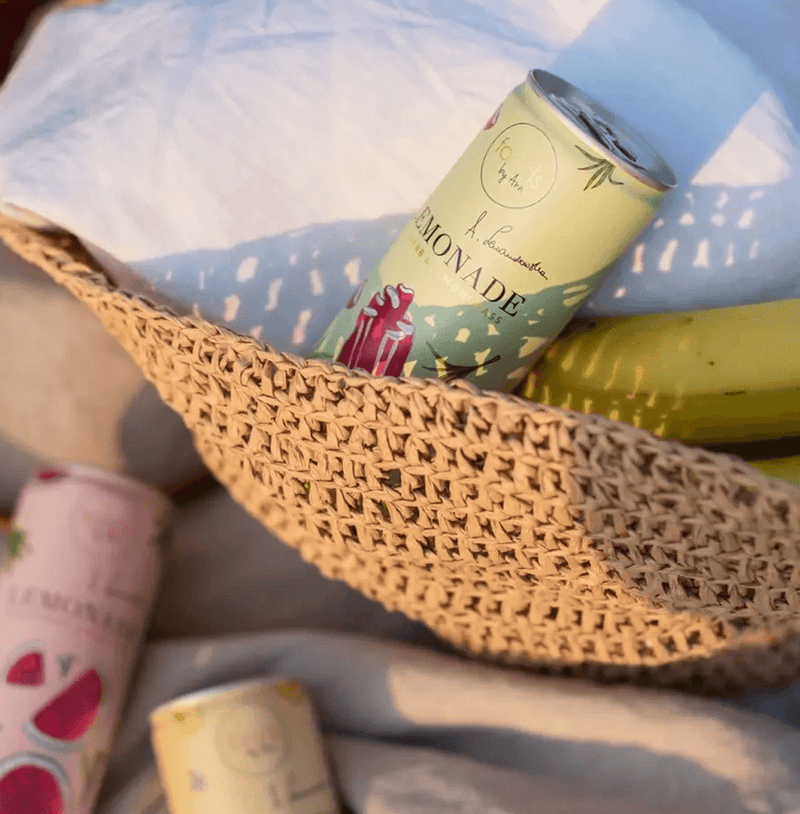 FOODS BY ANN Rhubarb & Lemongrass Lemonade in a can, refreshing summer drink with natural ingredients, perfect for hot weather hydration.