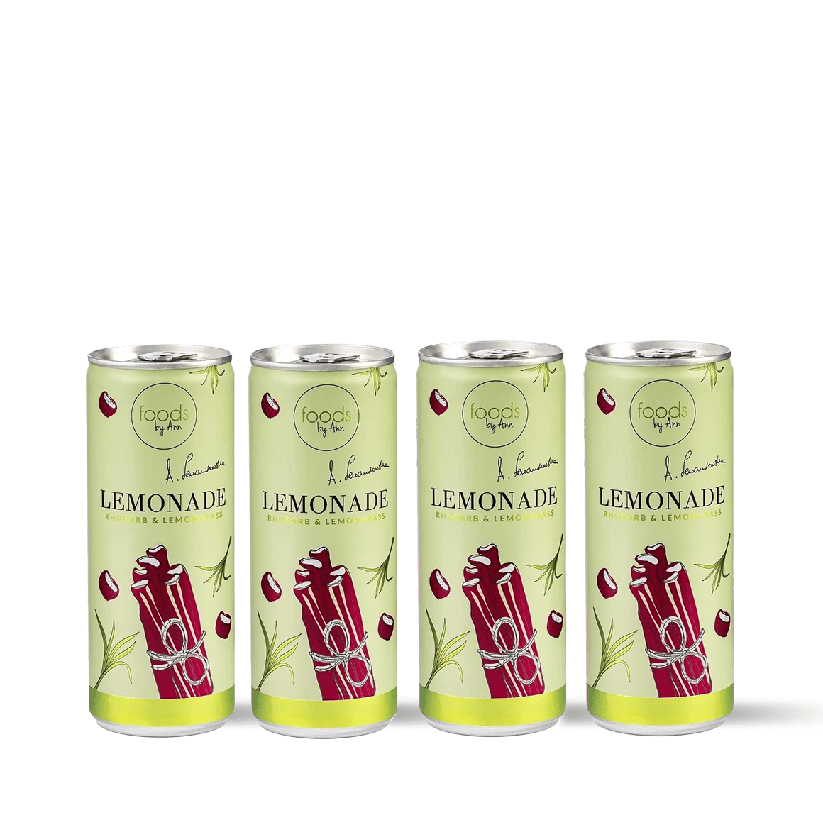 FOODS BY ANN Rhubarb & Lemongrass Lemonade in a can, refreshing summer drink with natural ingredients, perfect for hot weather hydration.