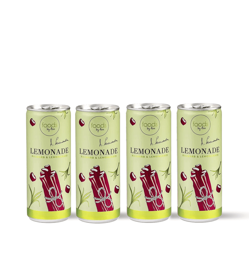 FOODS BY ANN Rhubarb & Lemongrass Lemonade in a can, refreshing summer drink with natural ingredients, perfect for hot weather hydration.