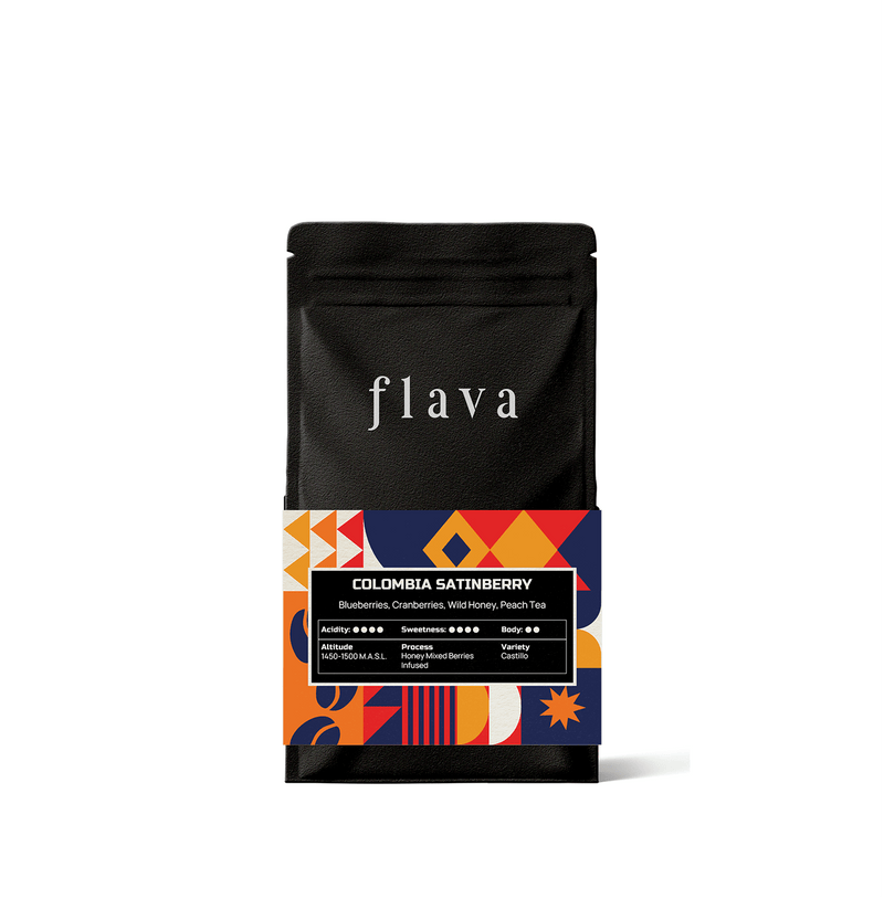 Colombia Satinberry Single Origin Coffee bag with colorful label from Flava, perfect for specialty coffee lovers.