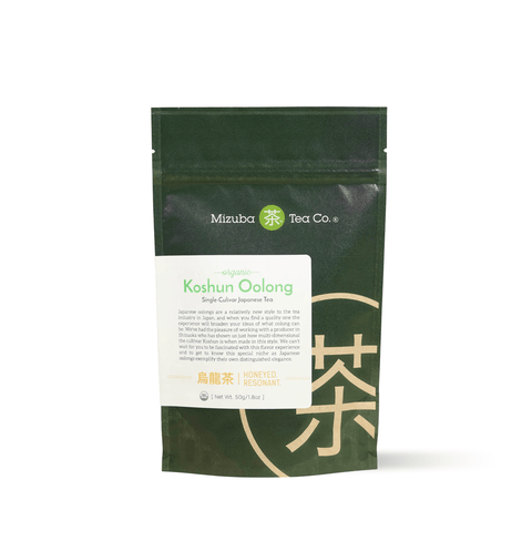 Single Cultivar Organic Koshun Japanese Oolong tea packaging with label from Mizuba Tea Co.