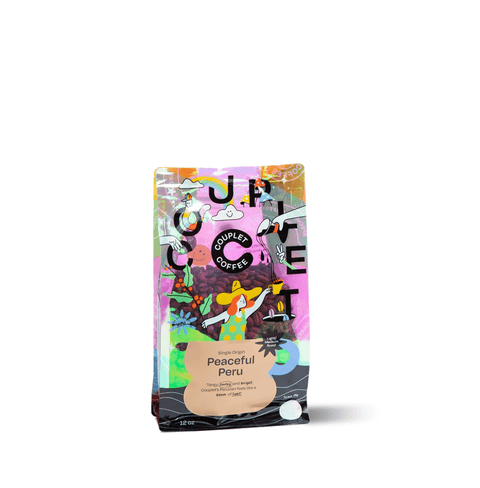 Single Origin Peaceful Peru coffee bag featuring colorful artwork, light/medium roast with peachy and caramel flavors.