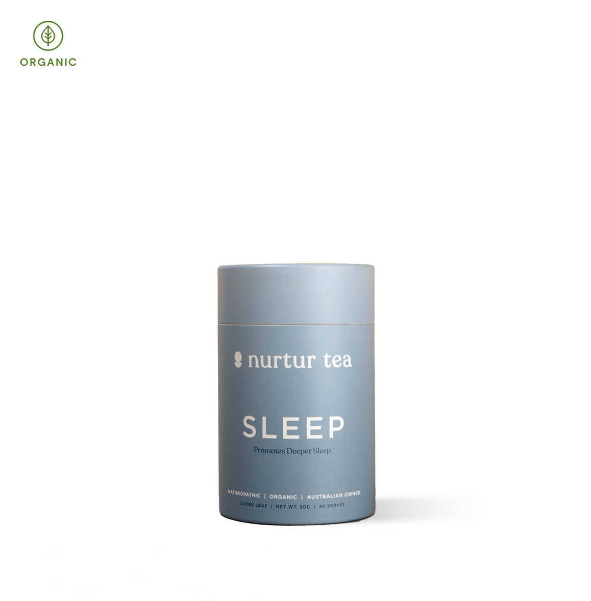 Sleep Tea by Nurtur Tea in a blue canister, designed to promote deeper sleep and relaxation.