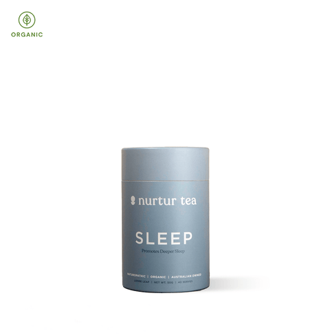 Sleep Tea by Nurtur Tea in a blue canister, designed to promote deeper sleep and relaxation.
