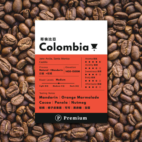 Premium Colombian coffee beans with mandarin notes, highlighted on packaging amidst a coffee bean background.