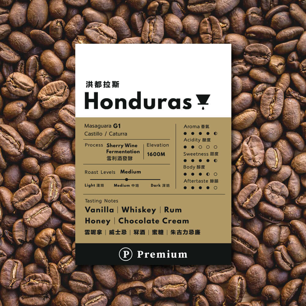 Premium Honduras G1 drip bag coffee with tasting notes of vanilla, whiskey, honey, and chocolate cream on coffee bean background.