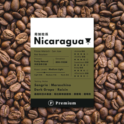 Nicaragua Premium Drip Bag Coffee packaging on coffee beans background, highlighting roast and tasting notes.