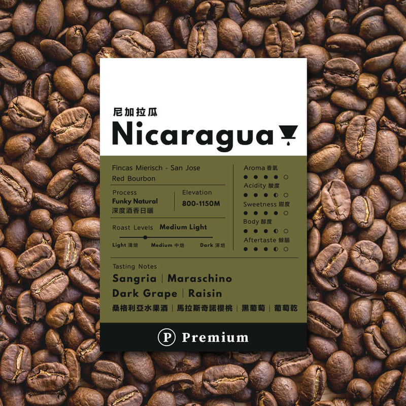 Nicaragua Premium Drip Bag Coffee packaging on coffee beans background, highlighting roast and tasting notes.