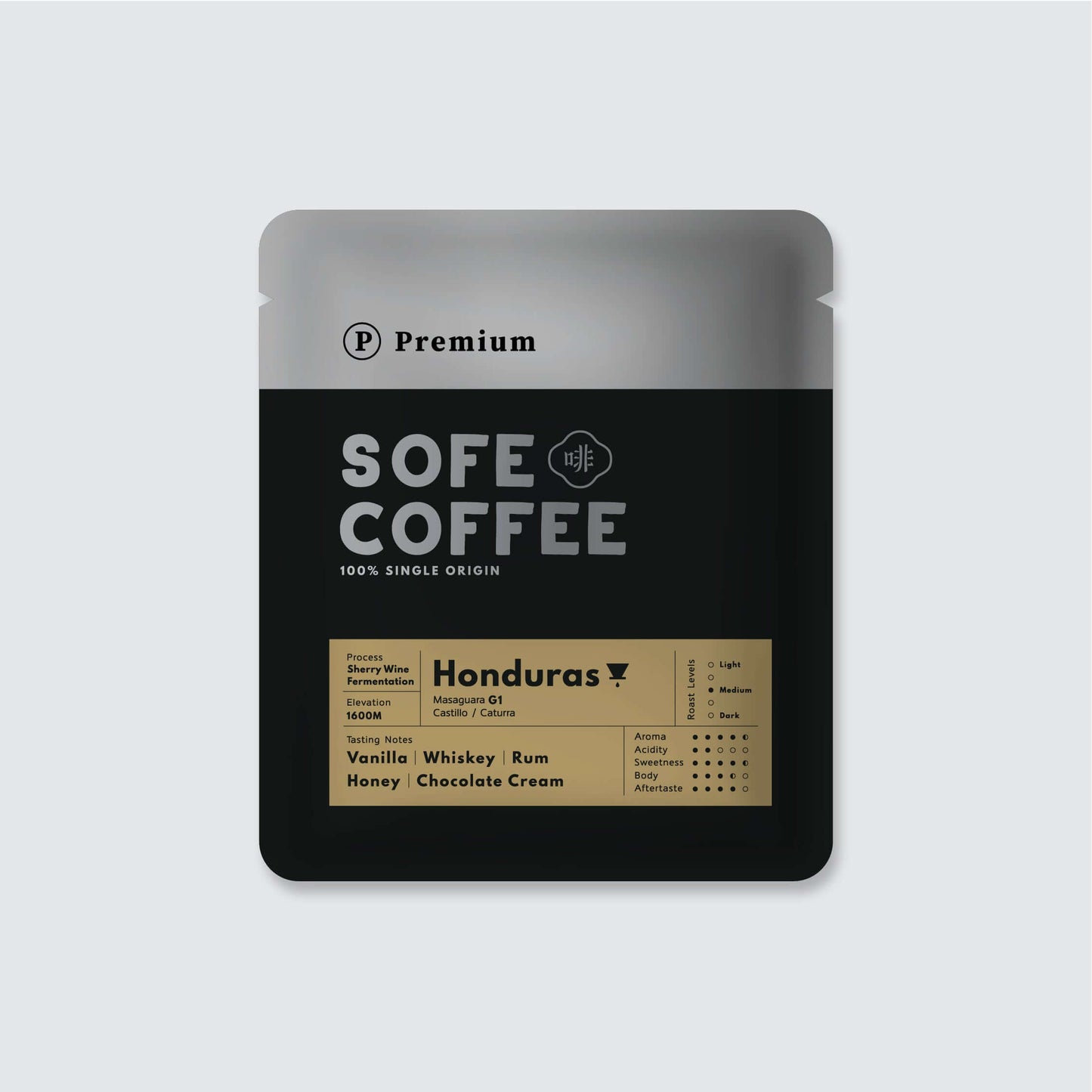 Premium Sofe Drip Bag Coffee Honduras G1 with vanilla, honey, chocolate, and whiskey notes in elegant packaging.