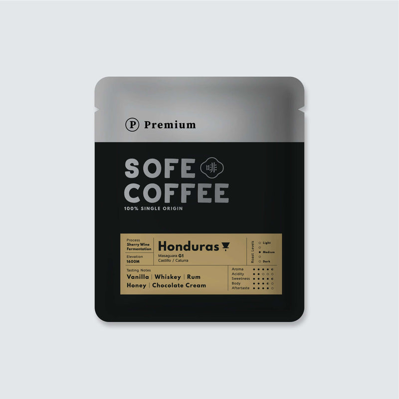 Premium Sofe Drip Bag Coffee Honduras G1 with vanilla, honey, chocolate, and whiskey notes in elegant packaging.
