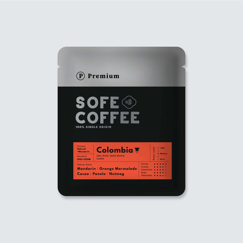 Premium Sofe Coffee Colombia drip bag with mandarin notes in black packaging