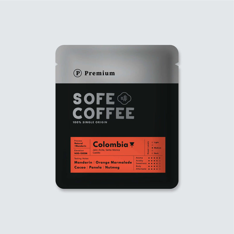 Premium Sofe Coffee Colombia drip bag with mandarin notes in black packaging